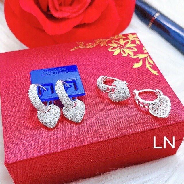 Bông tai nữ bạc thật mẫu tim full đá xinh xắn - Kho sỉ bạc Nhất Linh