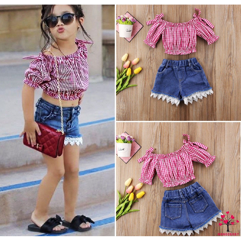 Set Đồ 2 Món Gồm Áo Trễ Vai Họa Tiết Sọc Caro + Quần Short Denim Cho Bé Gái 0 Tuổi