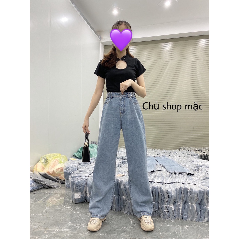 Quần jean ống rộng 532 Lylyshop unisex chiều dài 100cm có khuy cài eo vải bò dày dặn ống rộng suông