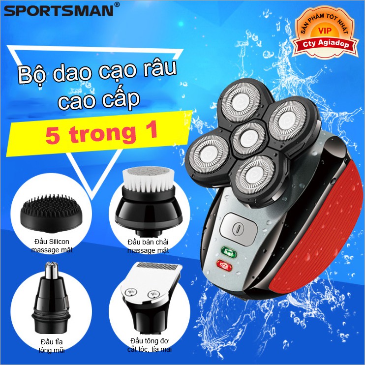 Bộ tông đơ, cạo râu, rửa mặt, massage mặt, tỉa lông mũi - 5 đầu xịn Sportsman Châu Âu