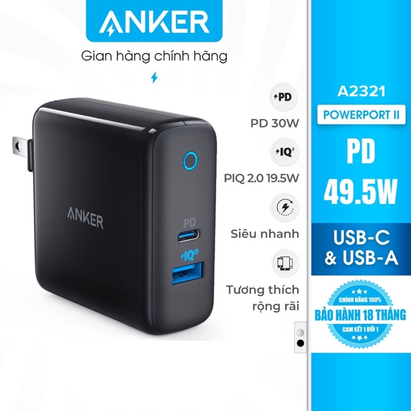 Củ sạc ANKER PowerPort II PD 49.5w (1 PD và 1 PIQ 2.0) - A2321