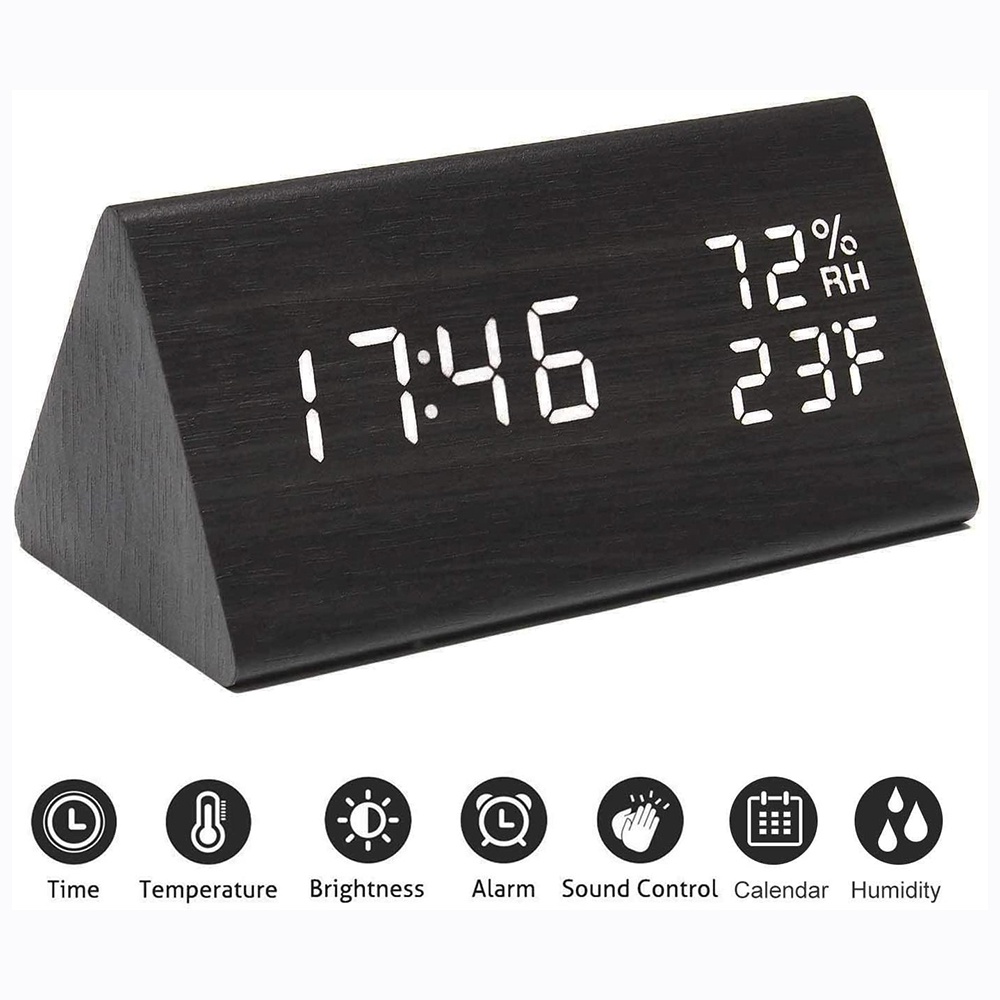 Đồng Hồ Báo Thức Kỹ Thuật Số 3 Chế Độ Nhiệt Độ Điện Tử Bằng Gỗ Hình Tam Giác Cáp Sạc USB Có Đèn LED Cho Văn Phòng / Phòng Ngủ / Bàn Làm Việc