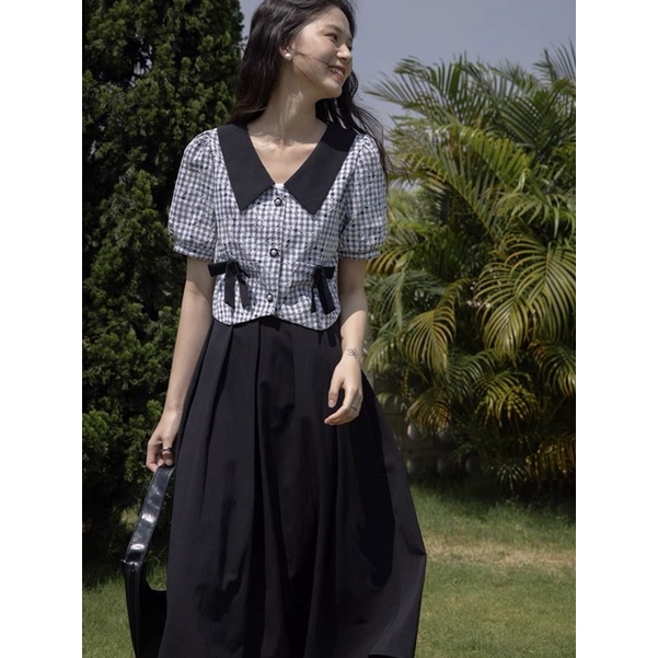 SET ÁO DẠ CARO NƠ TÚI ĐEN + CHÂN VÁY ĐEN MIDI