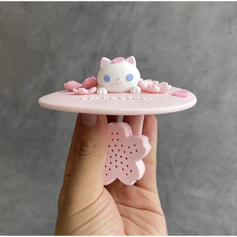 Nắp đậy Starbucks kèm tách trà bằng Silicone hình mèo dễ thương bên hoa anh đào