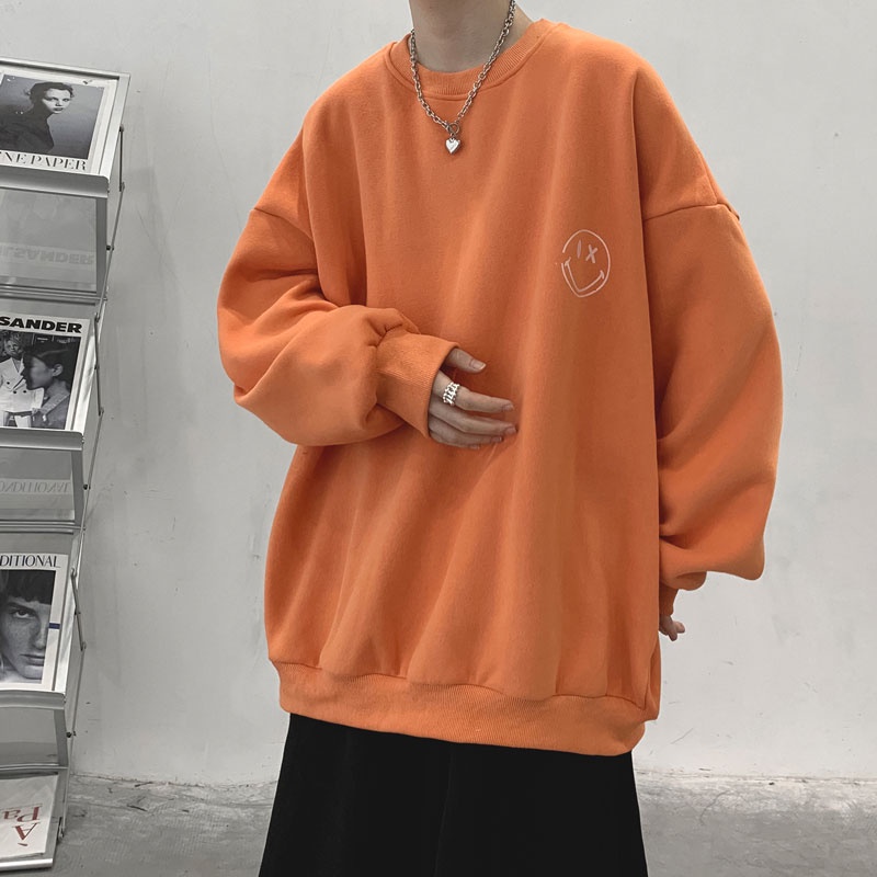 Áo sweater cổ tròn tay dài dáng rộng in hình mặt cười phong cách đường phố Hong Kong thời trang thu đông cho nam