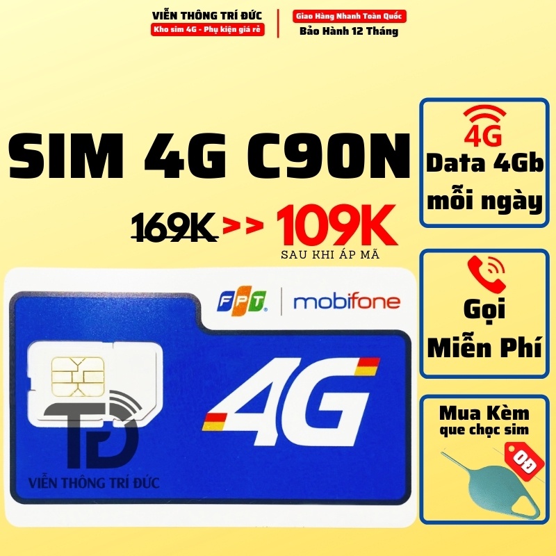 Sim 4G Mobifone C90N Data 4Gb/Ngày / CV119 Data 240Gb Free 2 Tháng, GỌI MIỄN PHÍ, SIM PHÁT WIFI MAX BĂNG THÔNG GIÁ RẺ