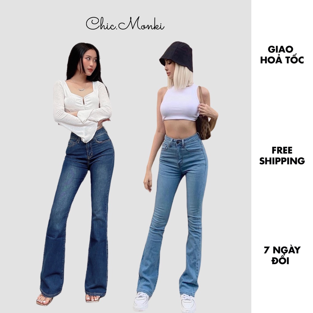 Quần jeans nữ ống loe lưng cao CHICMONKI co giãn màu 2 màu - CMJ1105