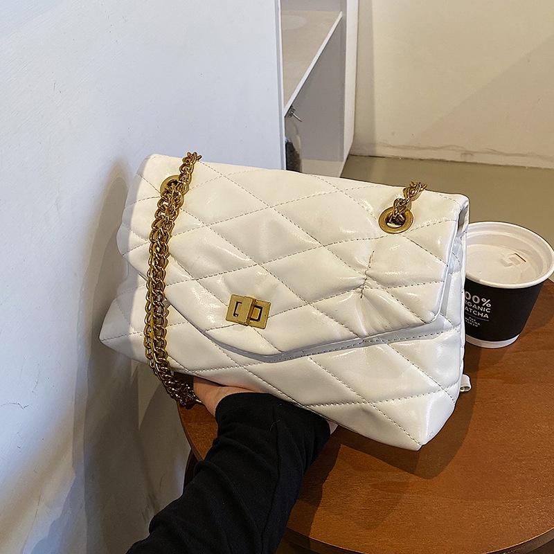 Túi Đeo Vai Họa Tiết Hình Thoi Màu Đen Phối Dây Xích Thời Trang Cho Nữ