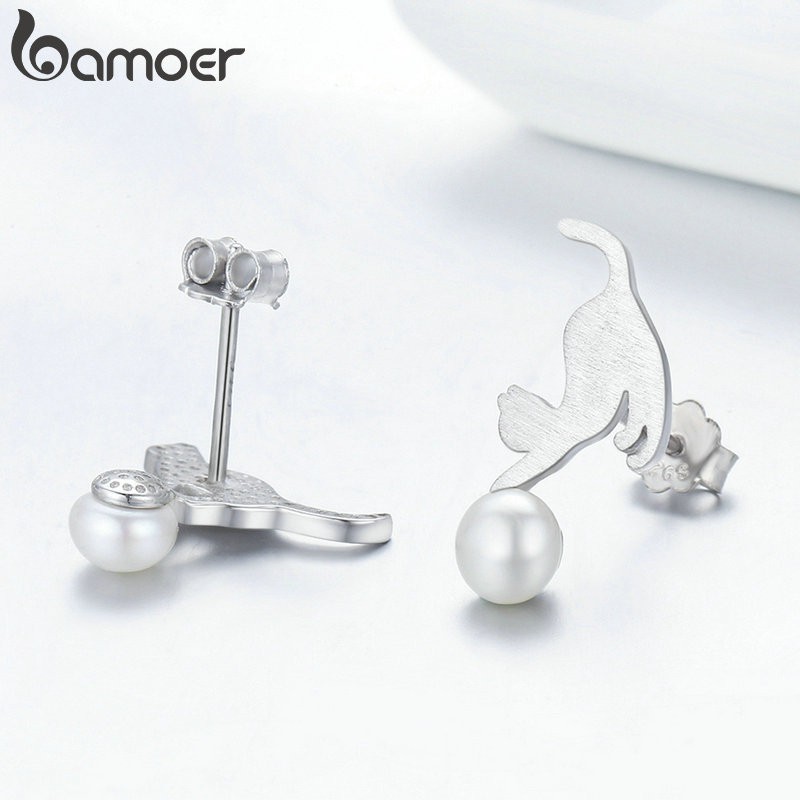 Bông tai Bamoer bạc 925 họa tiết chú mèo chơi bóng xinh xắn
