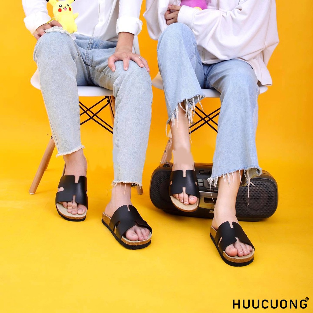 Dép unisex HuuCuong chữ H màu đen đế trấu handmade