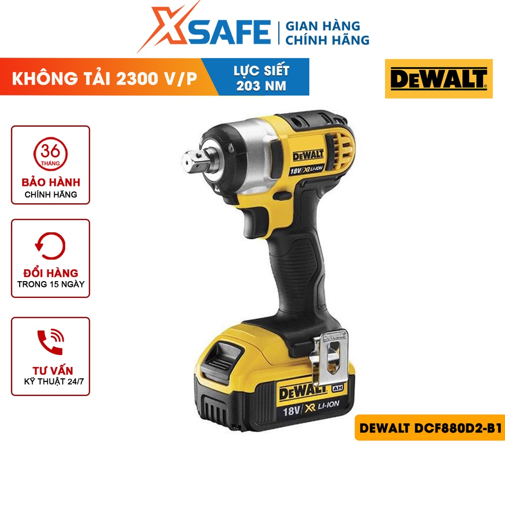 Máy siết bulong cầm tay DEWALT DCF880D2-B1 dùng pin 18V Tặng kèm 2 pin, 1 sạc (BẢO HÀNH MÁY 3 NĂM)
