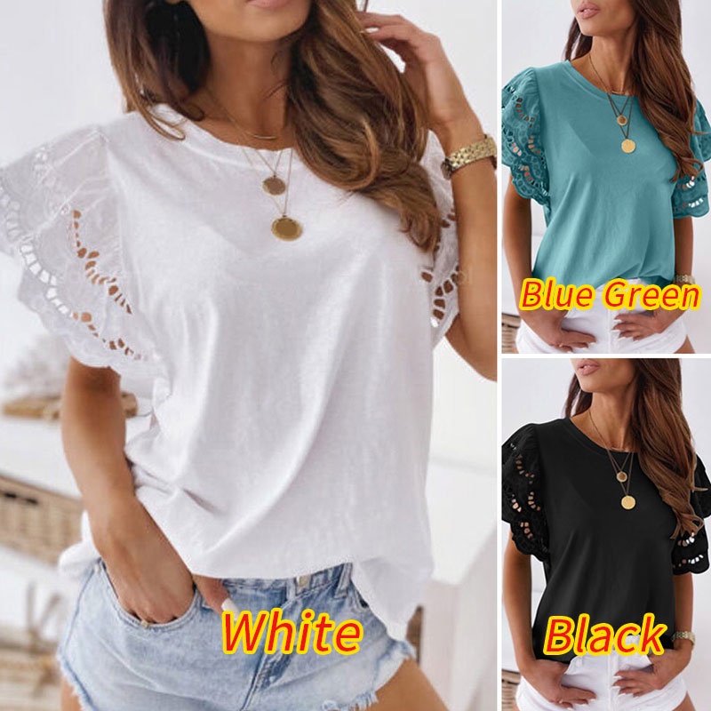 Áo kiểu Zanzea tay ngắn cổ tròn phối ren thời trang cho nữ