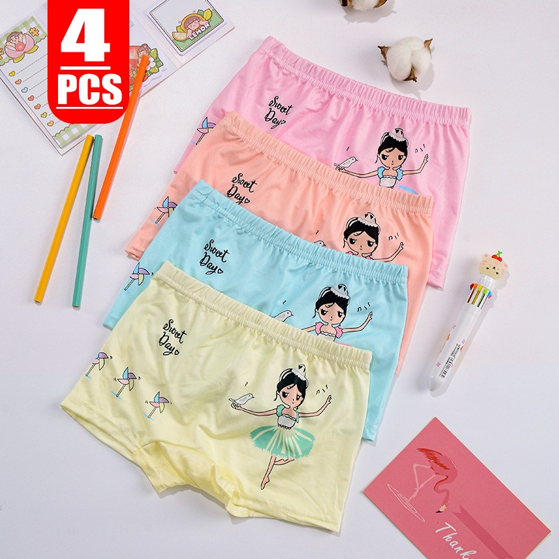 [3-14 Tuổi] 4 Quần Lót Bé Gái Dễ Thương Z070# Quần Lót Ngắn In Họa Tiết Hoạt Hình Cho Bé 3-5 Tuổi 5-7 Tuổi 7-9 Tuổi