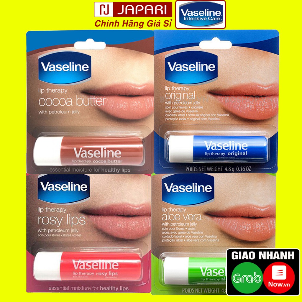 Son Dưỡng Môi Vaseline CHÍNH HÃNG Unilever Dạng Thỏi Ordinary/ Ca Cao/ Hồng/ Nha Đam Không Màu Lót Son Lì Nam Nữ JAPARI