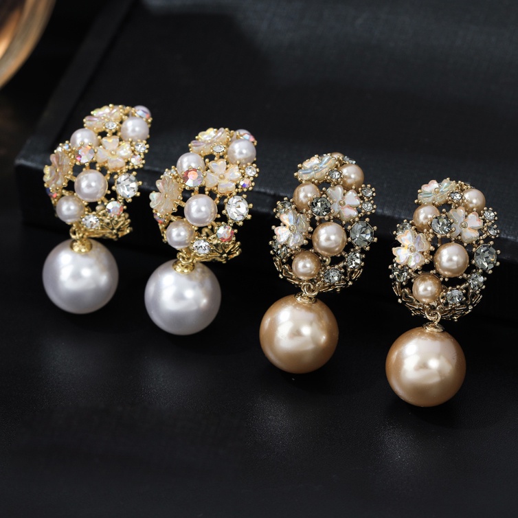 Bộ Khuyên Tai Vòng Hoa Đính Đá Ngọc Trai Nhân Tạo Phong Cách Pháp Sang Trọng Cổ Điển Dành Cho Nữ