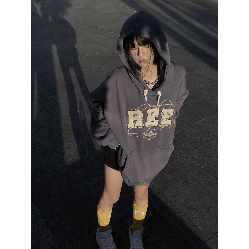LOCAL BRAND REE - ÁO HOODIE BASIC THÊU DA MÀU XÁM