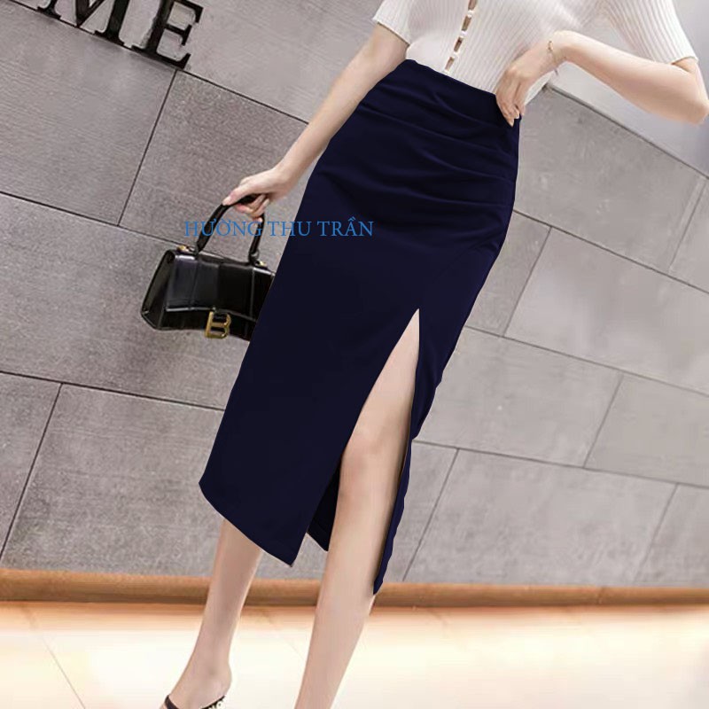 HOT Chân váy ôm xẻ đùi cao dáng dài che bụng CÓ ẢNH THẬT, Váy Bút Chì Xếp Li Bụng Xẻ Trước có cạp d68cm