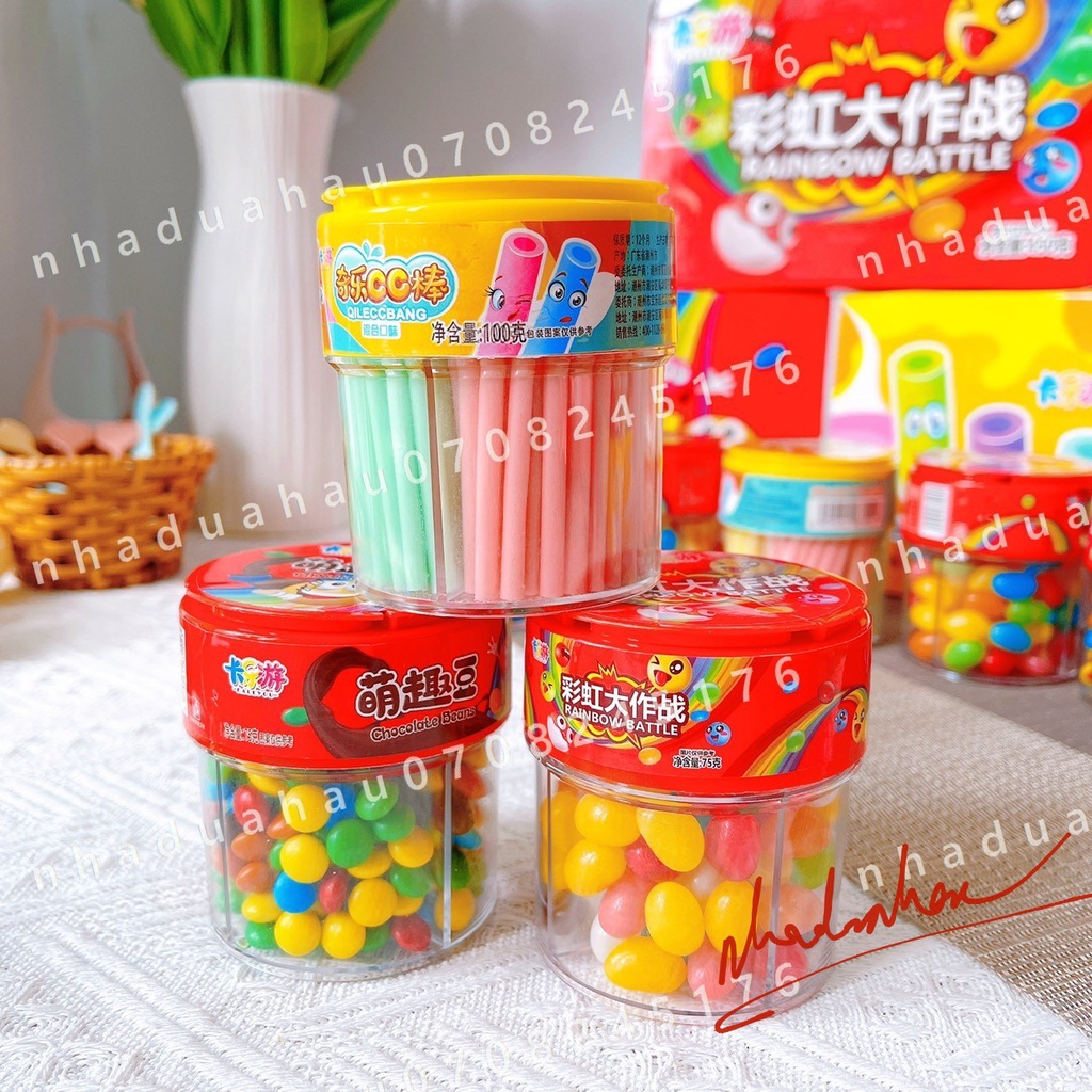 Kẹo tăm/ kẹo gummies sắc màu 4 ngăn cầu vồng Hongkong hủ lớn 100gam