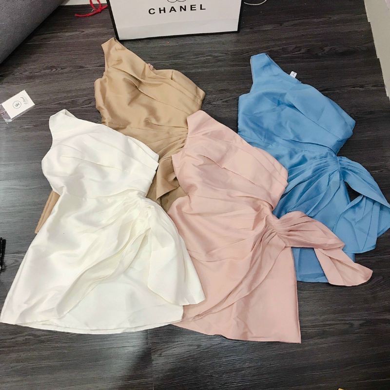 Đầm Body Dự Tiệc Lệch Vai Tà Đuổi Có Mút Ngực, Vải Tafta - 4 Màu Trắng, Xanh Dương, Hồng Nude, Nâu Đồng