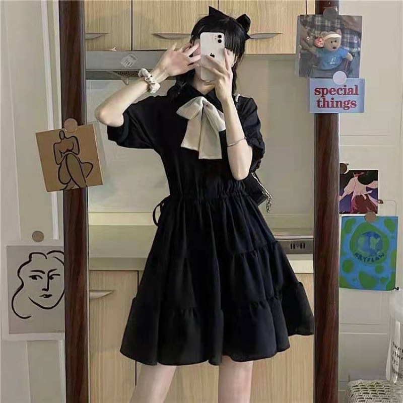 Váy Sơ Mi Nơ Cổ Dáng Xoè Màu Trắng và Đen, Đầm Bánh Bèo Tay Phồng Chan House.