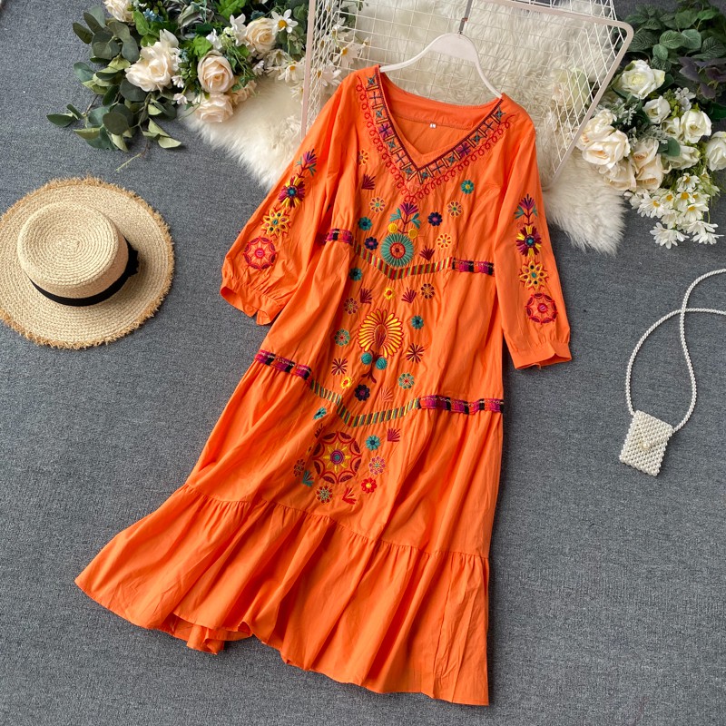 Váy bohemian suông dáng dài thêu họa tiết boho (có ảnh thật) Fresz