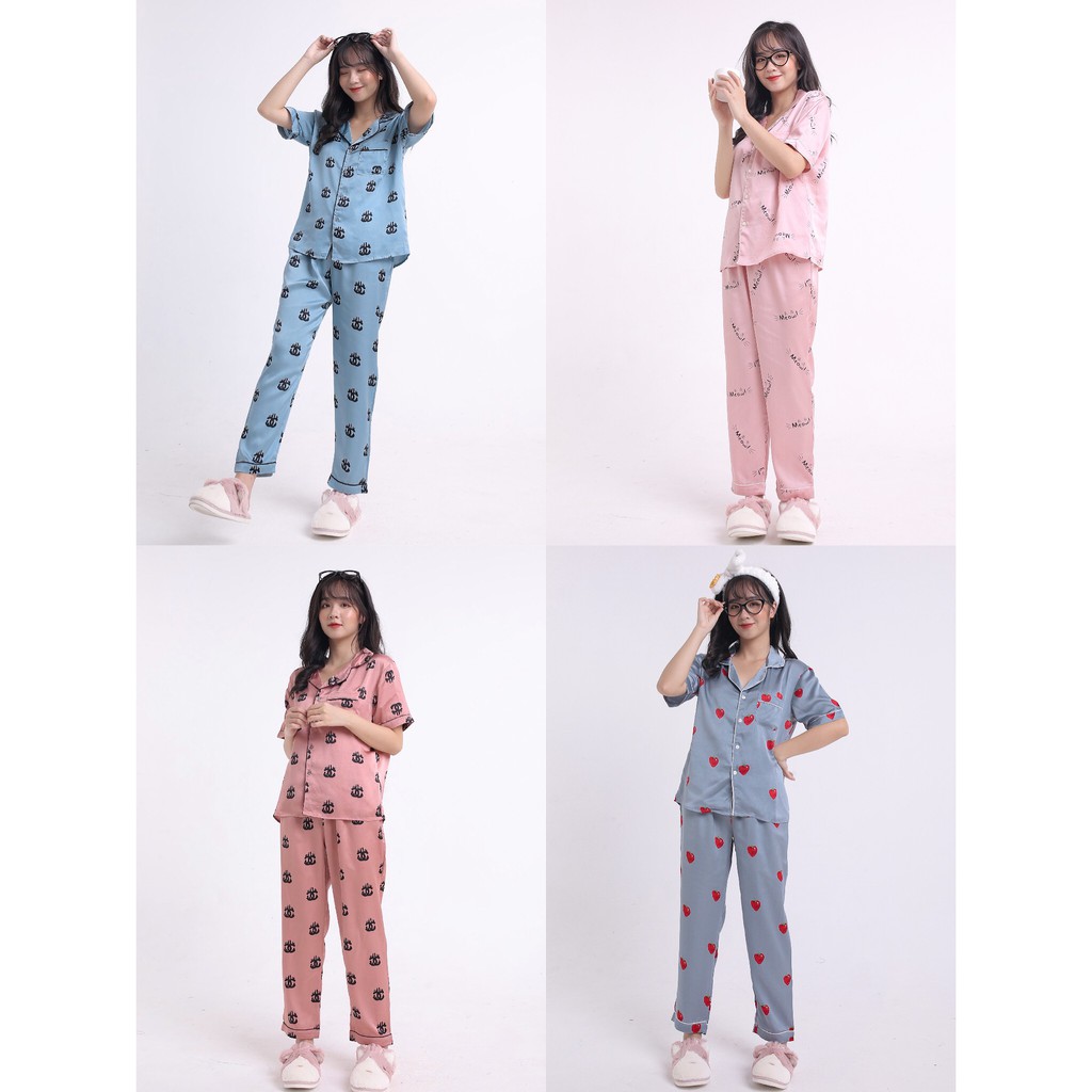 Bộ ngủ lụa satin tay cộc quần dài