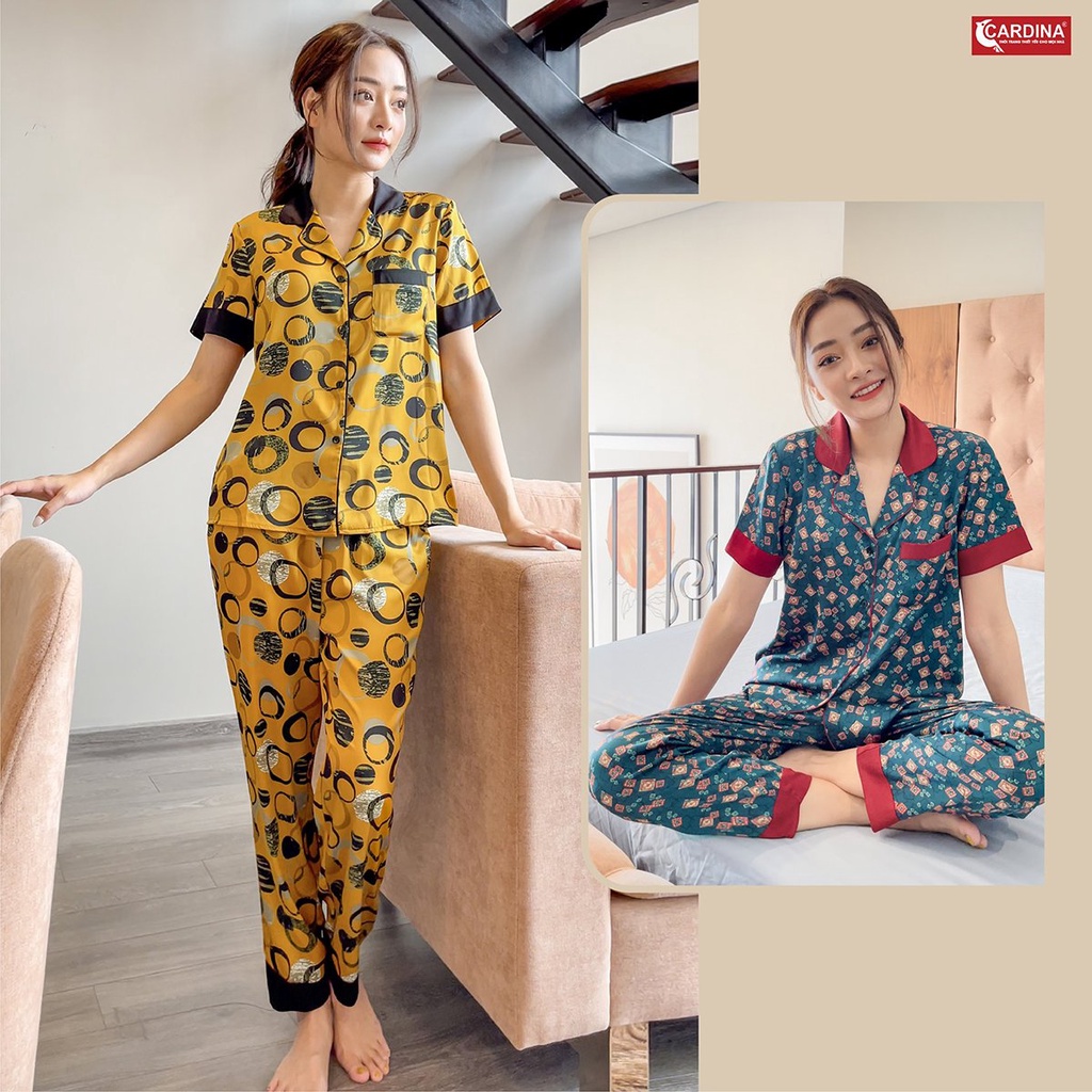 Bộ Pijama Nữ 𝐂𝐀𝐑𝐃𝐈𝐍𝐀 Chất Lụa Satin Nhật Cao Cấp Quần Dài, Áo Cộc Tay Họa Tiết Tinh Tế, Trẻ Trung 1Pi18.