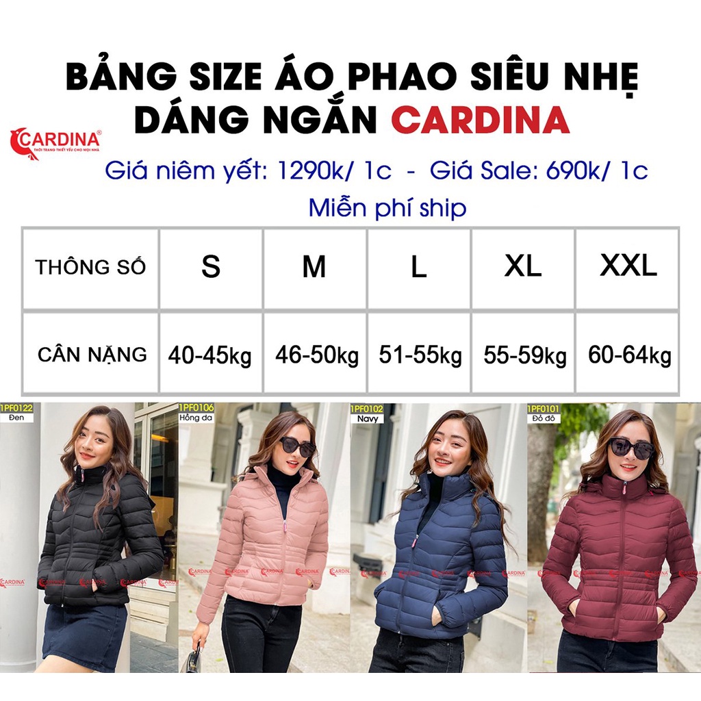 Áo phao nữ CARDINA chất gió trơn trần bông siêu nhẹ cao cấp xua tan mùa đông giá lạnh 1PF01.