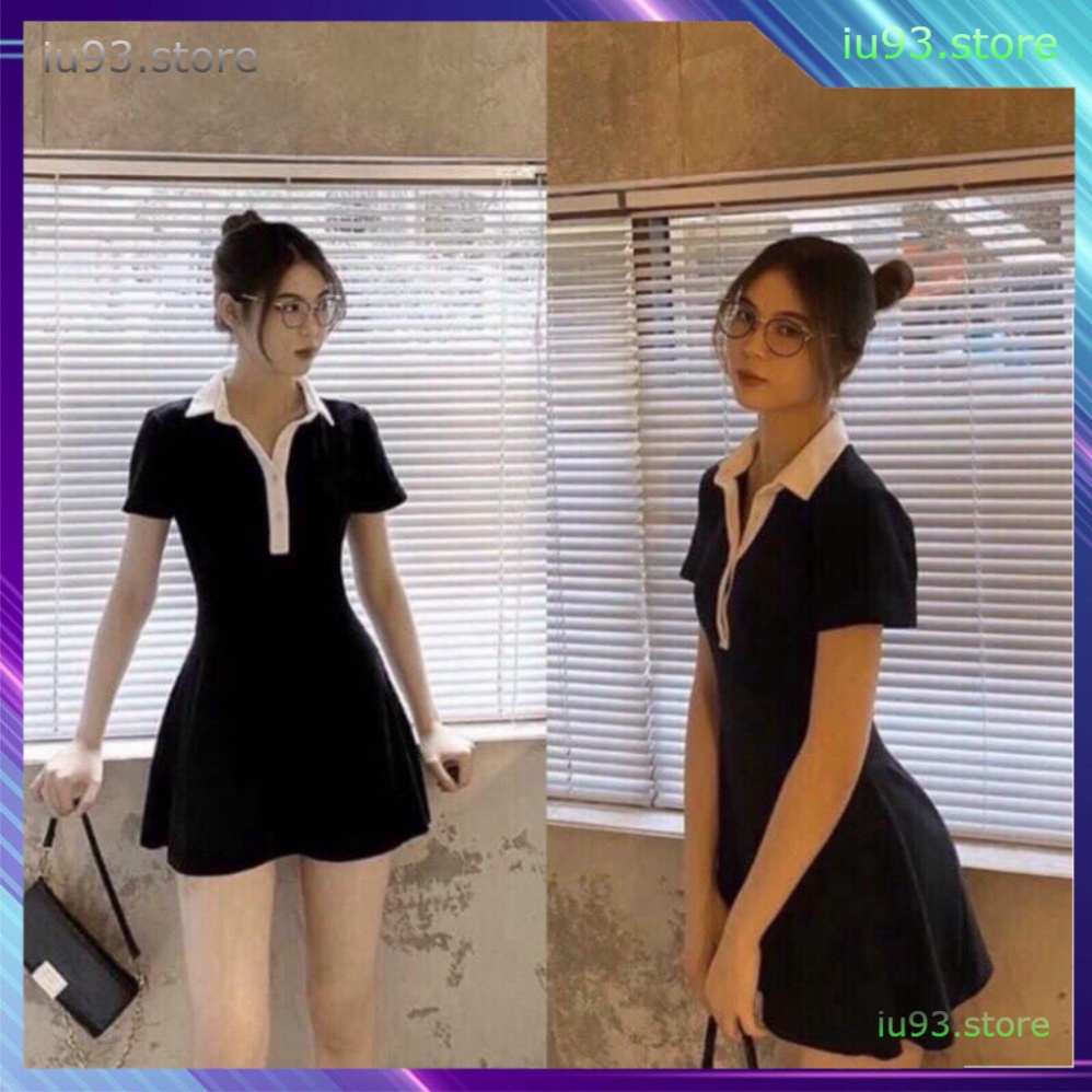 {SP mới - sẵn} -  Đầm Polo Nữ Đen Xòe Dáng Ôm 💎 Váy Polo Nữ Cổ Phối Trắng Chất Borip Dáng Chữ A Ngắn Body 💎 - iu93.sto | BigBuy360 - bigbuy360.vn