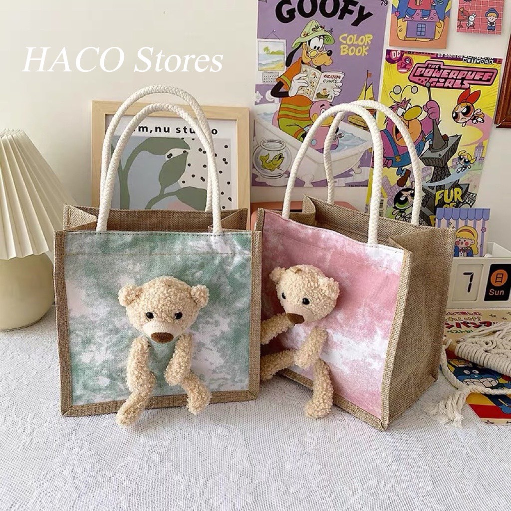 Túi Cói Loang Mini Gấu Phong cách Hàn Quốc