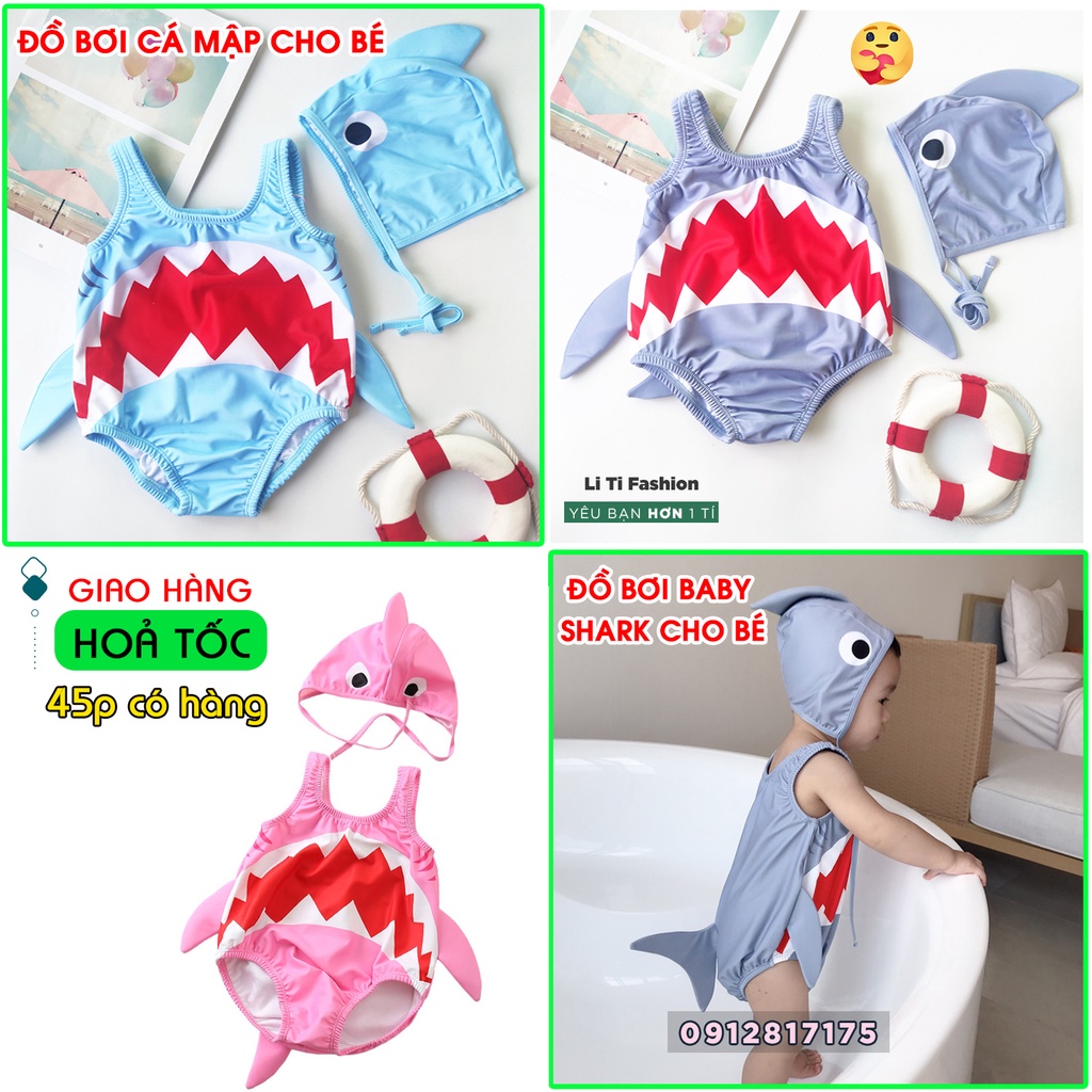 Đồ bơi hình Cá Mập - Đồ bơi baby shark cho bé 7-15kg có sẵn mũ - Đồ bơi cá mập siêu cute cho bé trai/bé gái