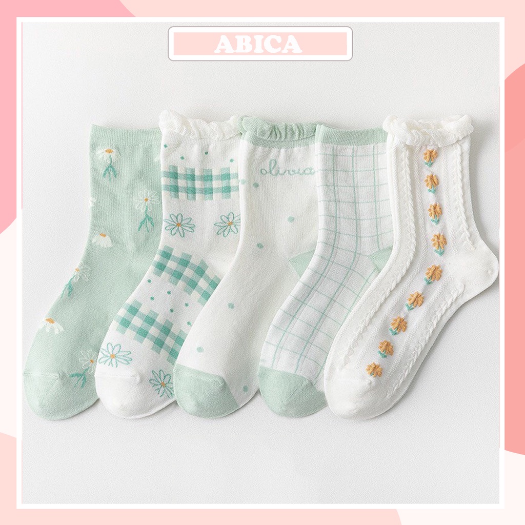 Tất vớ nữ trắng cổ cao bèo nhún chất cotton mềm co giãn thoáng khí phong cách Hàn Quốc tone xanh bơ xinh xắn ABICA TD040