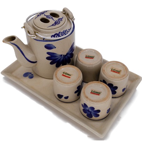 Bộ ấm trà gốm sứ Cộng Cà Phê hai màu hoa và xanh trơn 800ml