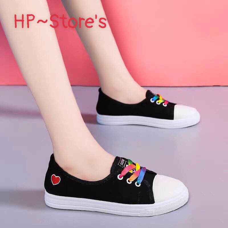 Form dài| Giày lười nữ vải đế bệt xinh xắn, trẻ trung, slip on nữ dây cầu vồng