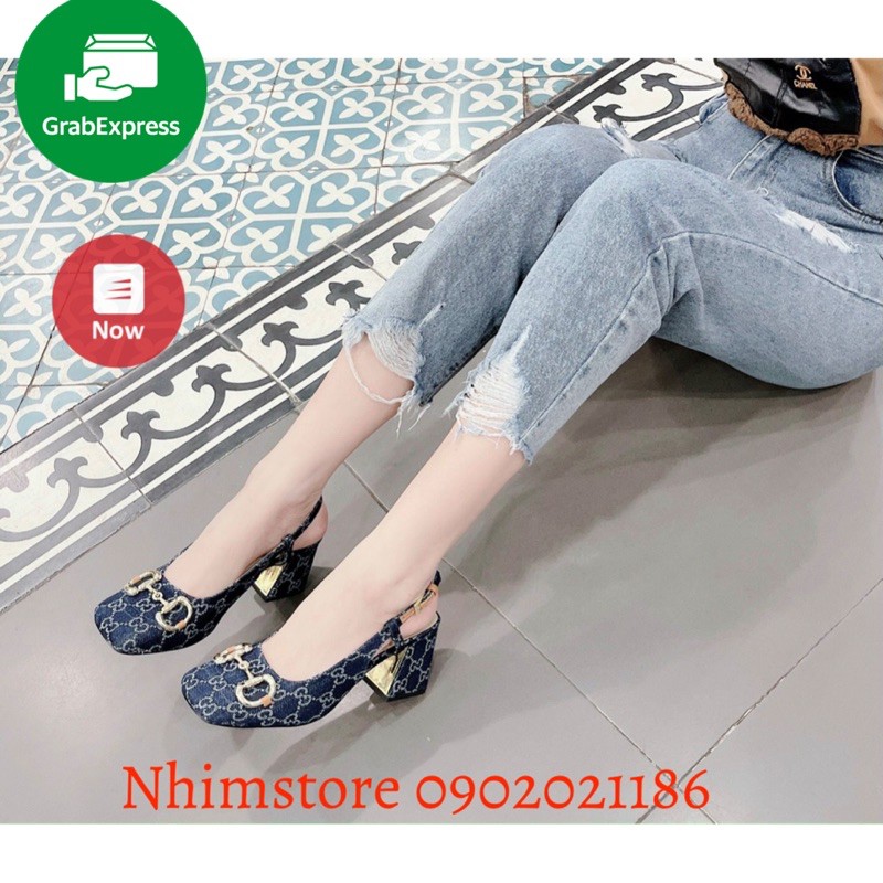 Sandal gót vuông, chất vải bò in hoạ tiết độc đáo, best seller mùa hè năm nay