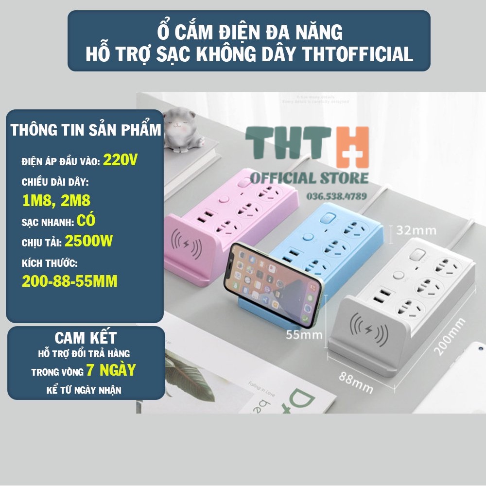 Ổ Cắm Điện Đa Năng Thông Minh Sạc Không Dây 3 Cổng USB Sạc Nhanh, Ổ Chịu Tải 2500W, Tiết Kiệm Điện, Chống Cháy Nổ