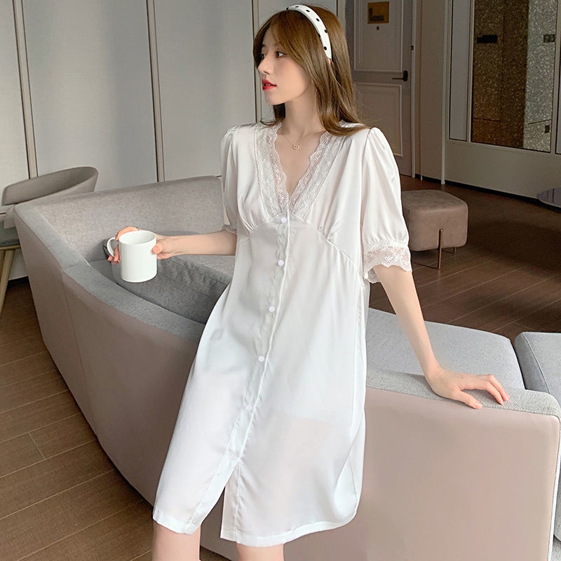 Đầm ngủ tay ngắn chất lụa màu trơn phong cách Hàn Quốc dễ thương thời trang mùa hè cho nữ