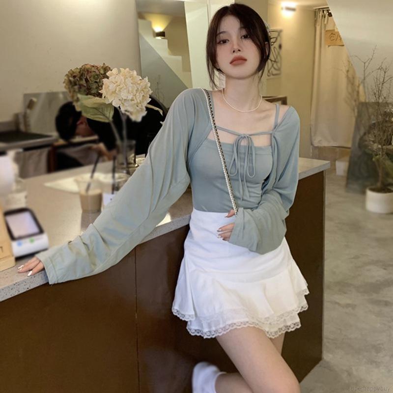 Set áo hai dây + áo khoác cardigan tay dài phong cách Hàn Quốc cho nữ
