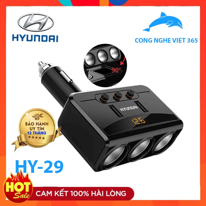 BỘ CHIA TẨU SẠC Ô TÔ 3 CỔNG HYUNDAI HY-29 KÈM 2 CỔNG USB CÓ CỔNG SẠC NHANH 3.1A CHÍNH HÃNG