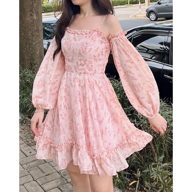 Đầm xoè tay phồng hoa RUCHAN