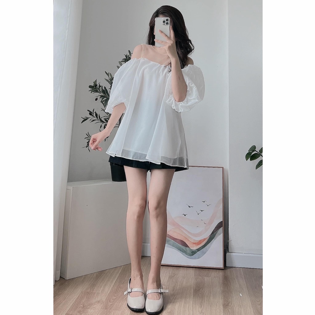 Áo Babydoll Voan Tay Bồng Phối Cúc Ngọc - Titto Closet