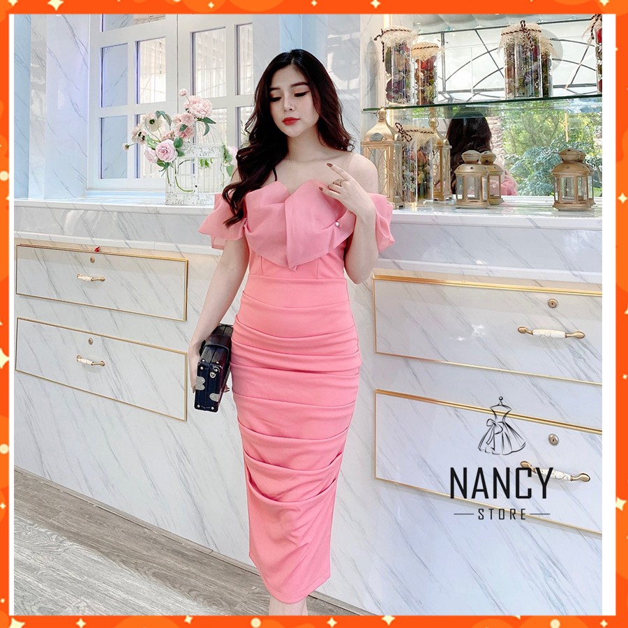 Váy body cúp ngực tay trễ hồng babe, sang chảnh Nancy A26