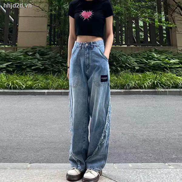 Quần vải denim ống rộng dáng dài lưng cao thời trang cho nữ