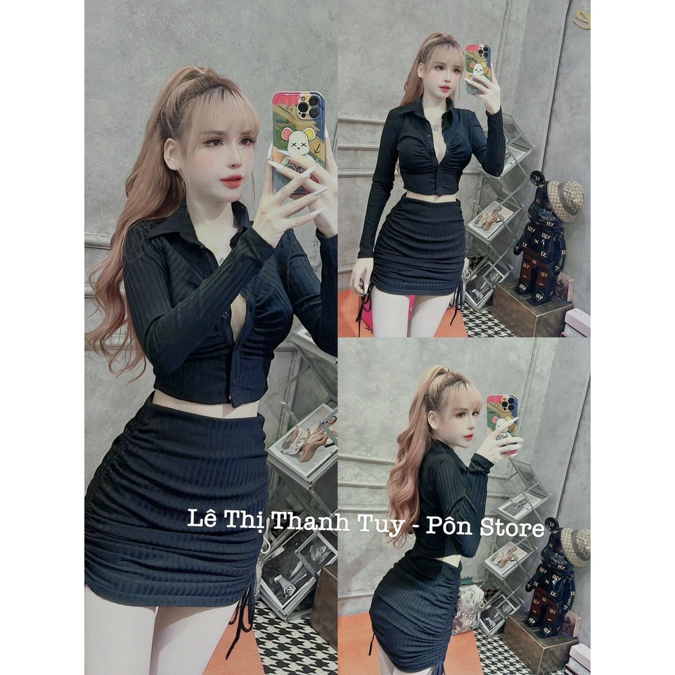 [set váy] Set 2 món áo và váy đi chơi dự tiệc siêu đẹp với chấn váy ôm kèm áo kiểu nữ croptop dài tay
