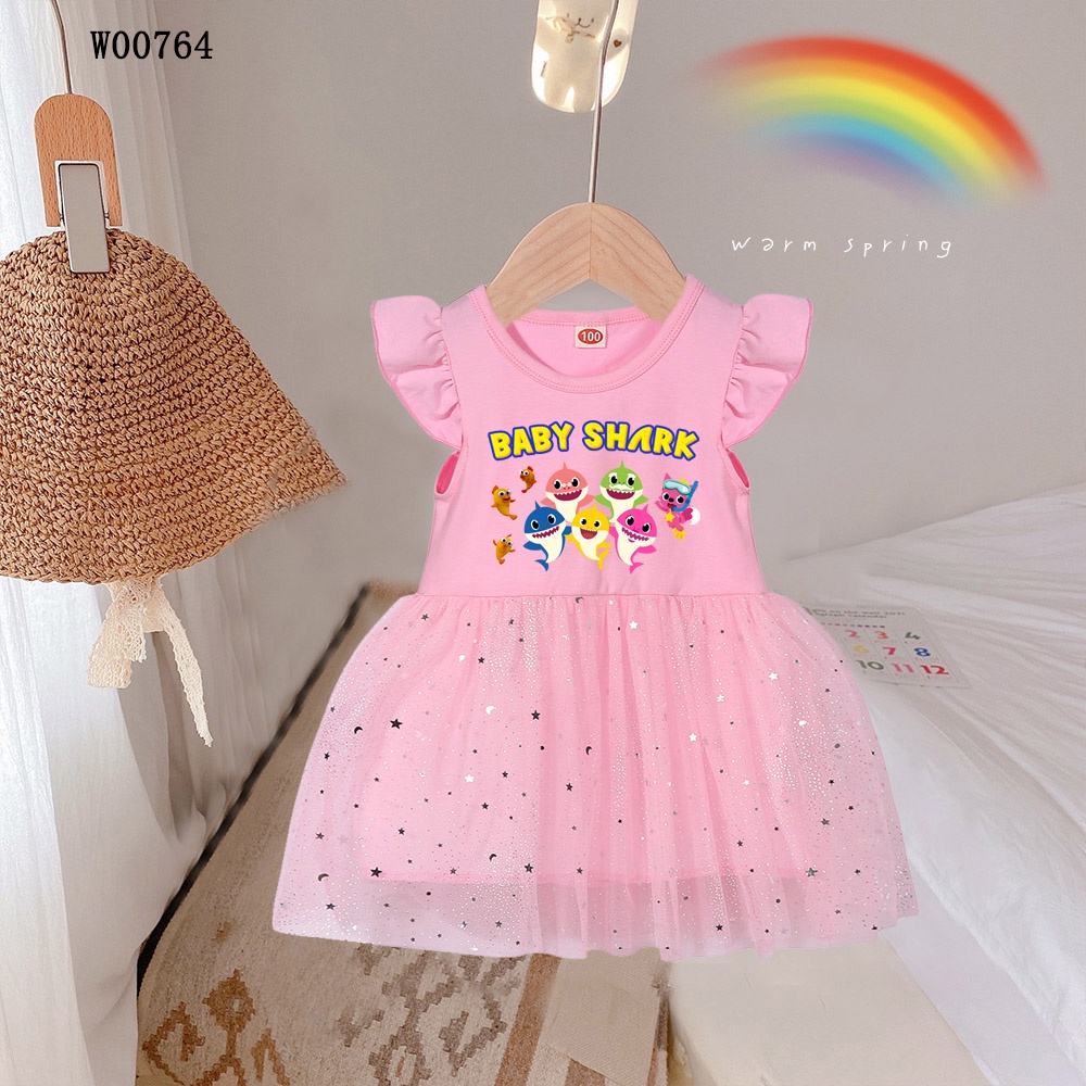 Đầm Lưới In Hình Cá Mập Hoạt Hình Dành Cho Bé Gái 1-6 Tuổi