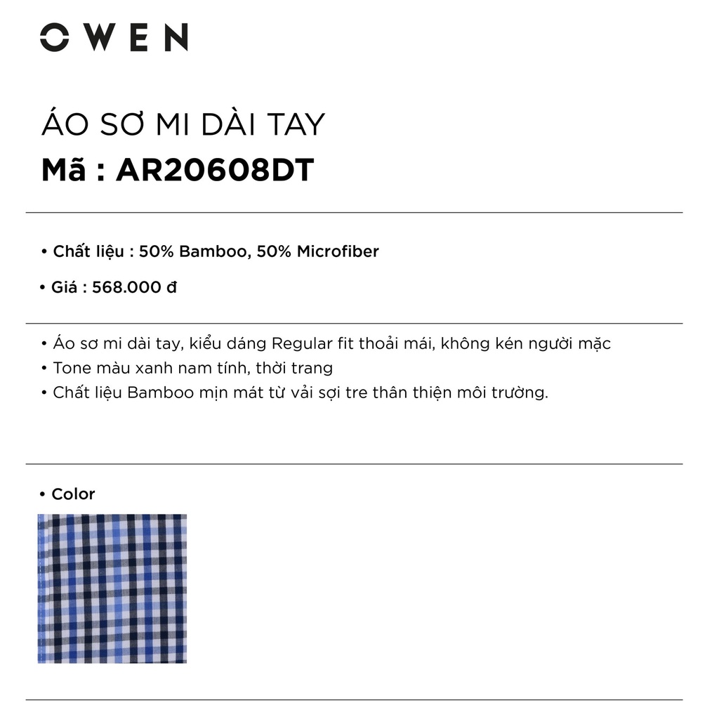 Áo Sơ Mi Nam Dài Tay Owen AR20608DT Somi Công Sở Cao Cấp Màu Kẻ caro Xanh Navy Chất Sợi Tre Mềm Mát Dáng Suông Có Túi
