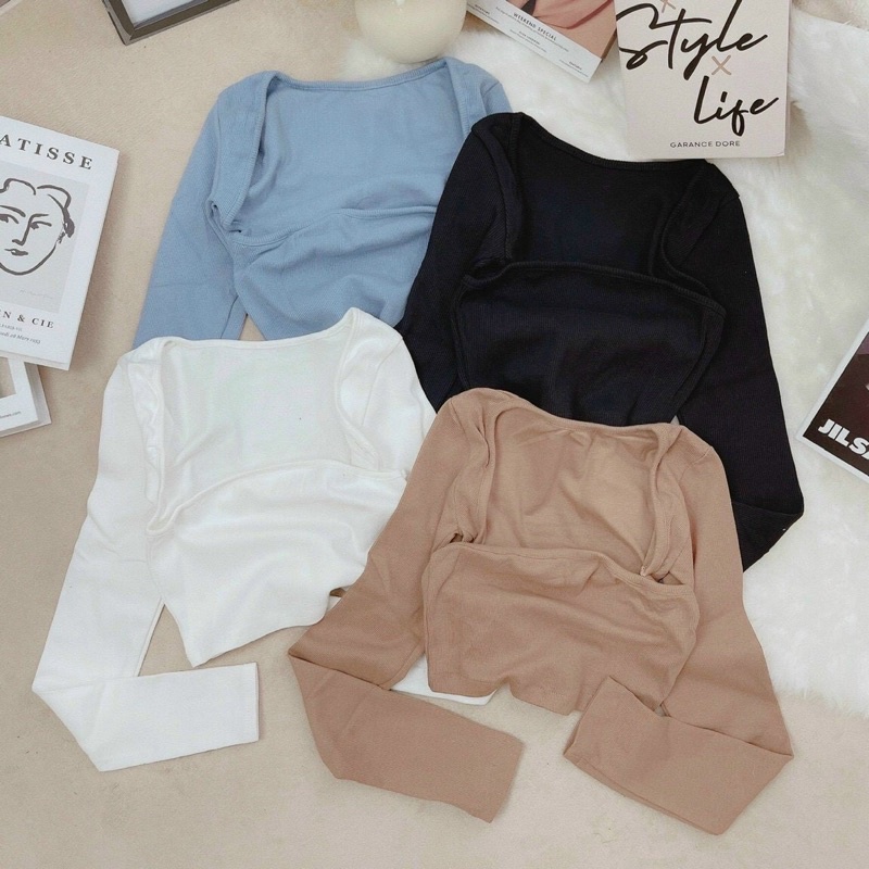 ÁO CROPTOP CỔ VUÔNG KHOÉT TAY DÀI