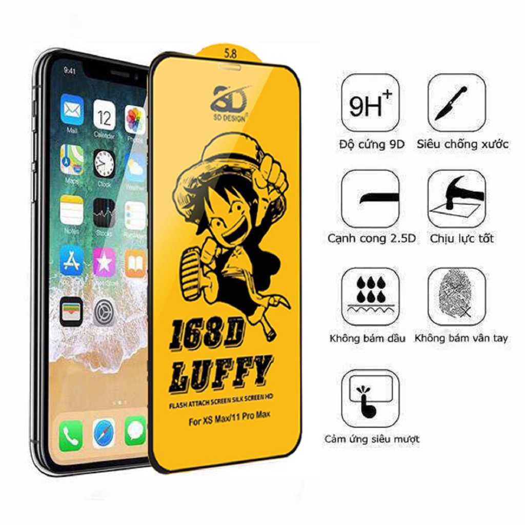 [Chính hãng] Kính cường lực Iphone 168D LUFFY cho Ip 6/6s/7/7plus/8/8plus/plus/x/xr/xs/11/12/pro/max, miếng dán màn hình