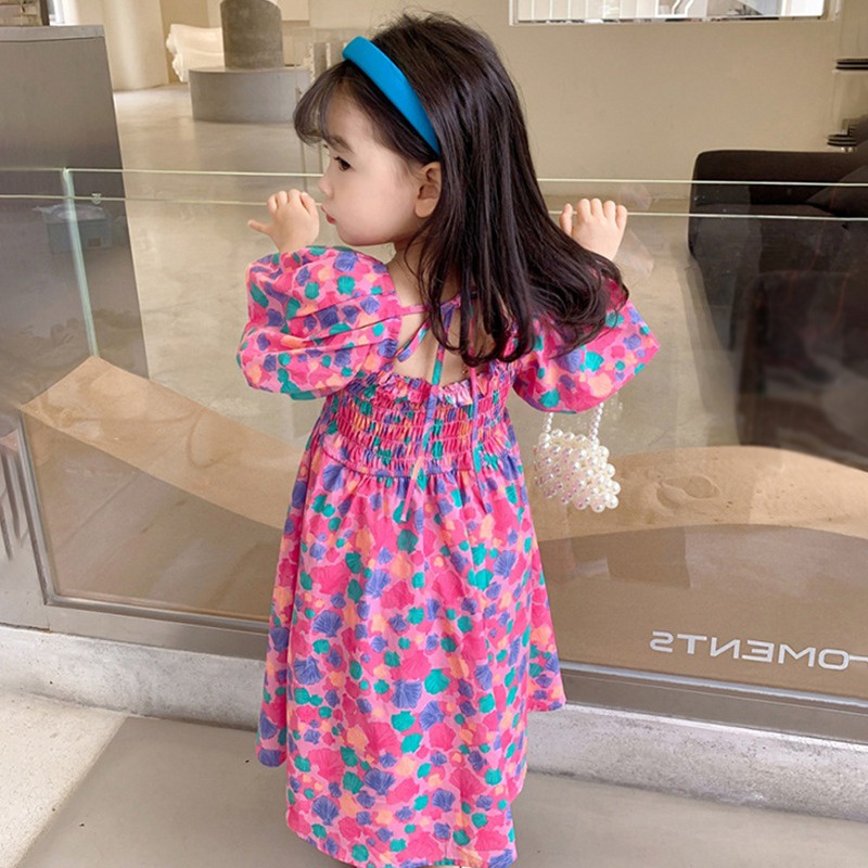 Đầm Công Chúa Cổ Vuông Tay Phồng Xếp Ly In Họa Tiết Hoa Thời Trang Mùa Hè Hàn Quốc Cho Bé Gái