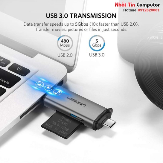 Đầu đọc thẻ nhớ SD/TF chuẩn USB Type C và USB 3.0 Ugreen 50706 chính hãng